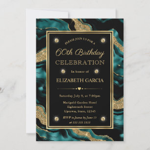 Elegant Teal and Gold Glitter Agate 60th Birthday Invitation