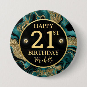 Elegant Teal and Gold Glitter Agate Birthday Button