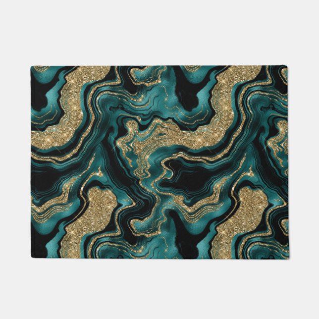Elegant Teal and Gold Glitter Agate Pattern Doormat (Front)