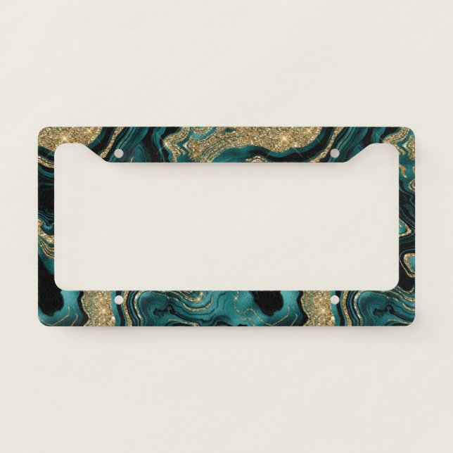 Elegant Teal and Gold Glitter Agate Pattern License Plate Frame (Front)