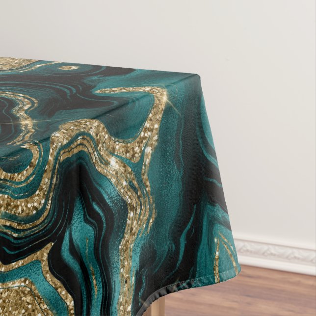 Elegant Teal and Gold Glitter Agate Pattern Tablecloth (In Situ)