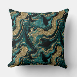 Elegant Teal and Gold Glitter Agate Pattern Throw Pillow