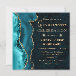 Elegant Teal and Gold Glitter Agate Quinceanera Invitation