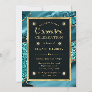 Elegant Teal and Gold Glitter Agate Quinceanera Invitation