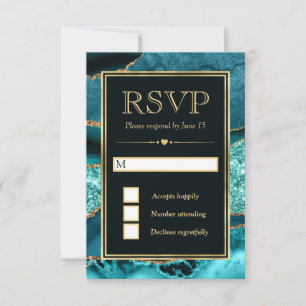 Elegant Teal and Gold Glitter Agate Wedding RSVP Card