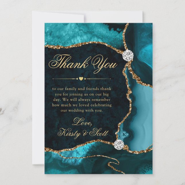 Elegant Teal and Gold Glitter Agate Wedding Thank You Card (Front)