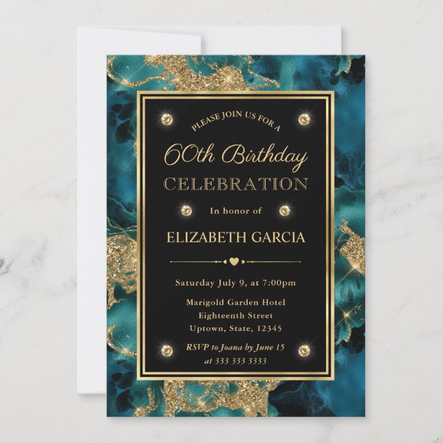 Elegant Teal and Gold Glitter Ink 60th Birthday Invitation (Front)