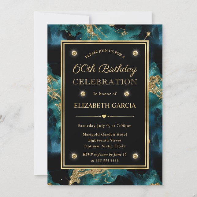 Elegant Teal and Gold Glitter Ink 60th Birthday Invitation (Front)