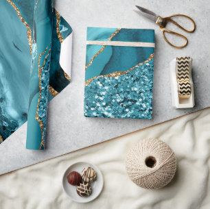 Elegant Teal and Gold Glitter Ocean Agate Geode Wrapping Paper