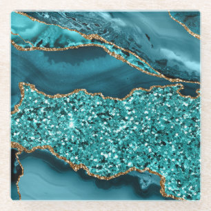 Elegant Teal and Gold Glitter Ocean Agate Glass Coaster