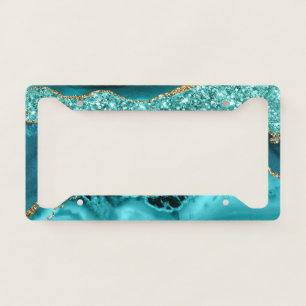Elegant Teal and Gold Glitter Ocean Agate License Plate Frame