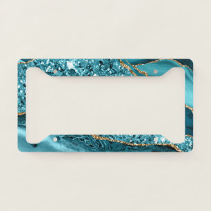 Elegant Teal and Gold Glitter Ocean Agate License Plate Frame