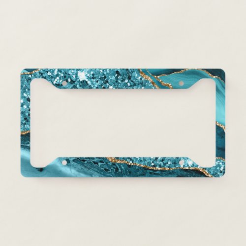 Elegant Teal and Gold Glitter Ocean Agate License Plate Frame