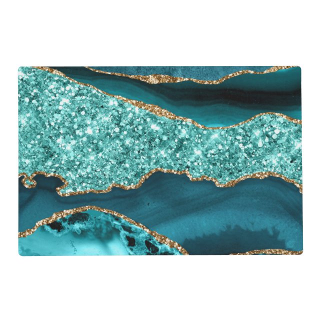 Elegant Teal and Gold Glitter Ocean Agate Placemat (Front)