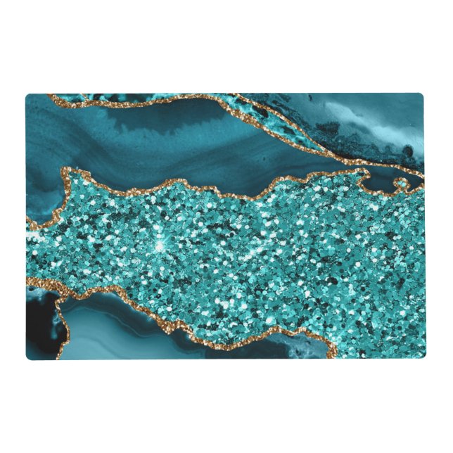 Elegant Teal and Gold Glitter Ocean Agate Placemat (Front)