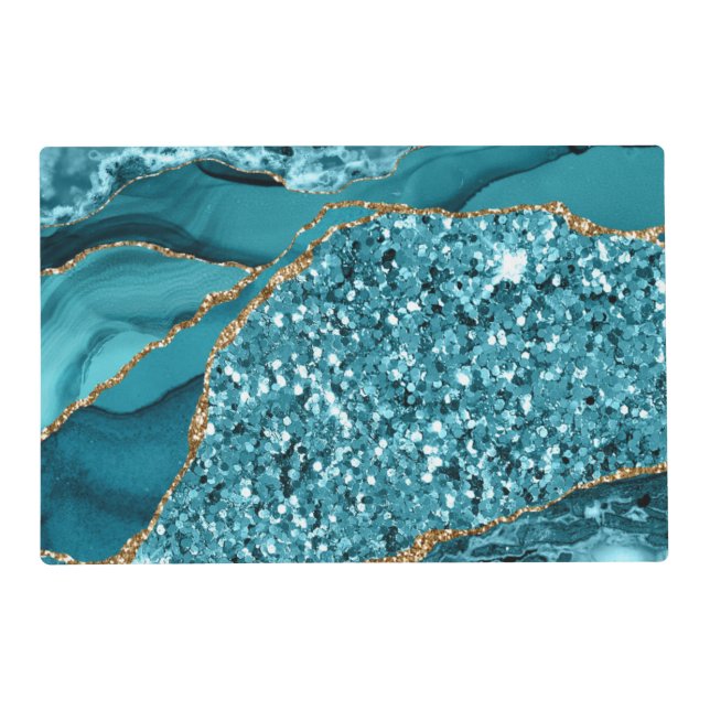 Elegant Teal and Gold Glitter Ocean Agate Placemat (Front)