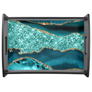 Elegant Teal and Gold Glitter Ocean Agate Serving Tray