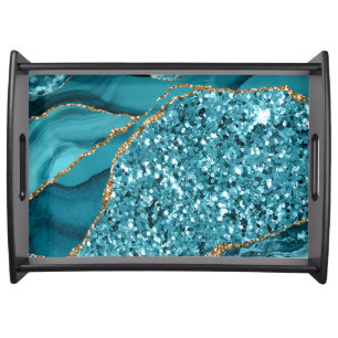 Elegant Teal and Gold Glitter Ocean Agate Serving Tray