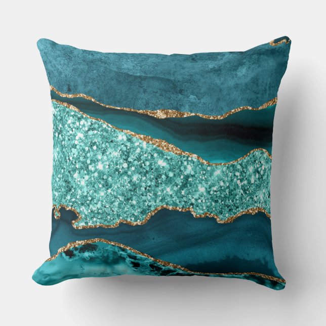 Elegant Teal and Gold Glitter Ocean Agate Throw Pillow (Front)
