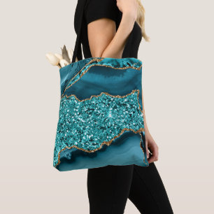 Elegant Teal and Gold Glitter Ocean Agate Tote Bag