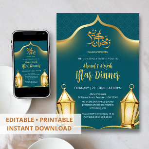 Elegant Teal and Gold Islamic Iftar Dinner Invitation