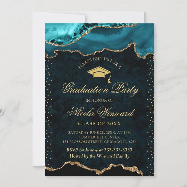 Elegant Teal and Gold Marble Agate Graduation Invitation (Front)