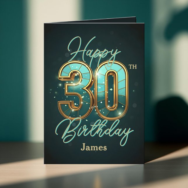 Elegant Teal and Gold Metallic 30th Birthday Card (Creator Uploaded)