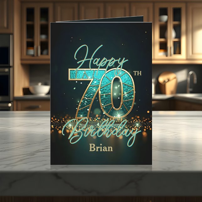 Elegant Teal and Gold Metallic 70th Birthday Card (Creator Uploaded)