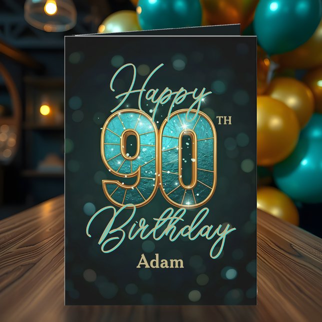 Elegant Teal and Gold Metallic 90th Birthday Card (Creator Uploaded)