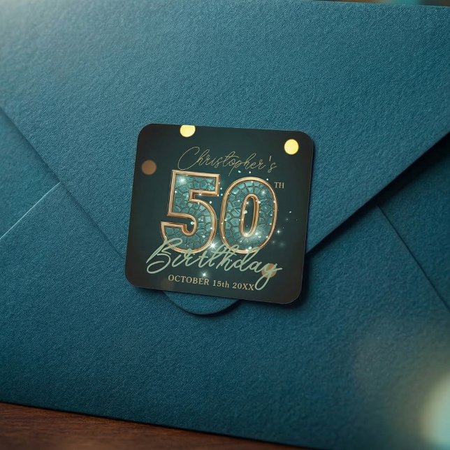 Elegant Teal and Gold Mosaic 50th Birthday Party Square Sticker (Creator Uploaded)