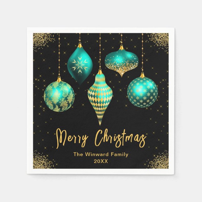 Elegant Teal and Gold Ornament Christmas Napkins (Front)