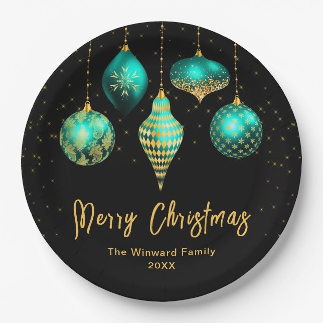 Elegant Teal and Gold Ornament Christmas Paper Plates (Front)