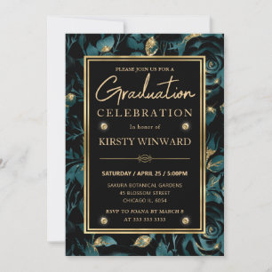 Elegant Teal and Gold Rose Floral Graduation Invitation