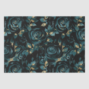 Elegant Teal and Gold Rose Floral Pattern Tissue Paper