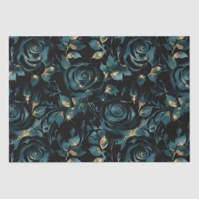 Elegant Teal and Gold Rose Floral Pattern Tissue Paper (Front)