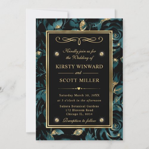 Elegant Teal and Gold Rose Floral Pattern Wedding Invitation