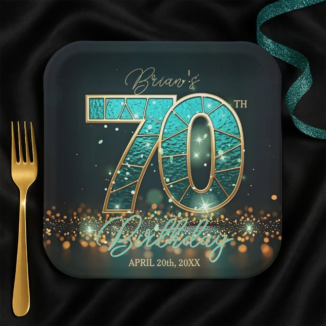 Elegant Teal and Gold Stained Glass 70th Birthday Paper Plates (Creator Uploaded)