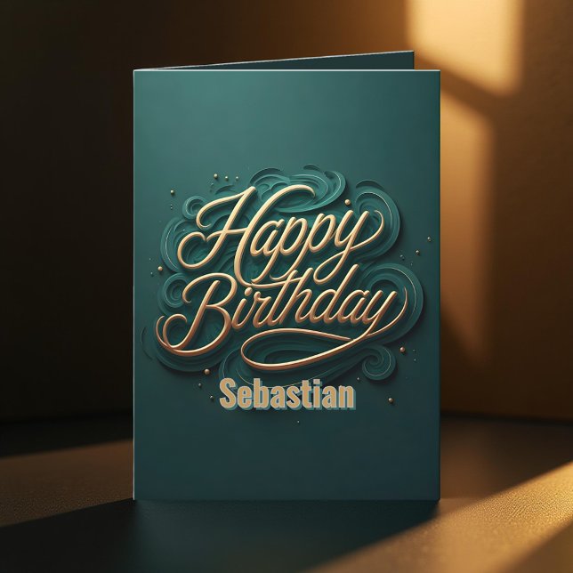 Elegant Teal and Gold Swirly Calligraphy Birthday Card (Creator Uploaded)