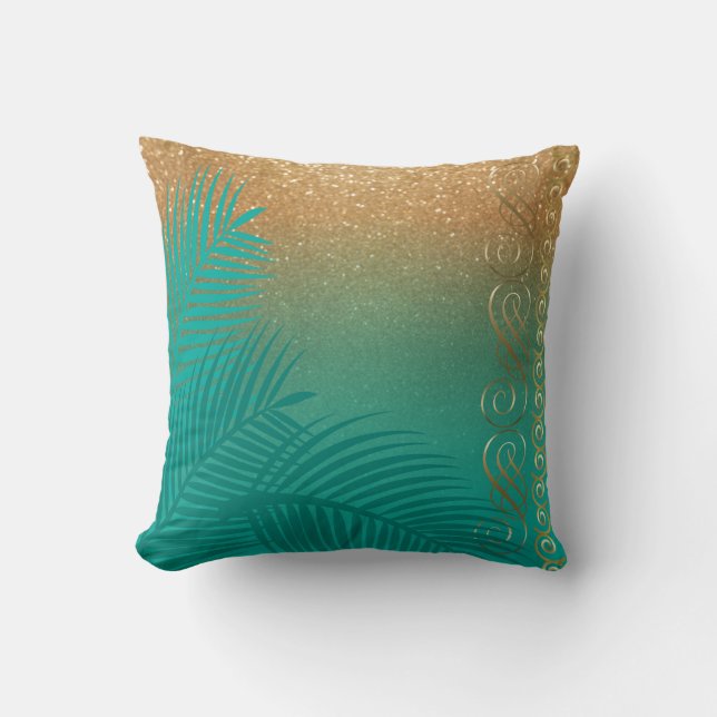Elegant Teal and Gold Throw Pillow (Front)