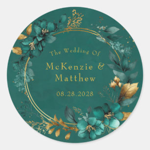Elegant Teal and Gold Watercolor Floral Wedding Cl Classic Round Sticker