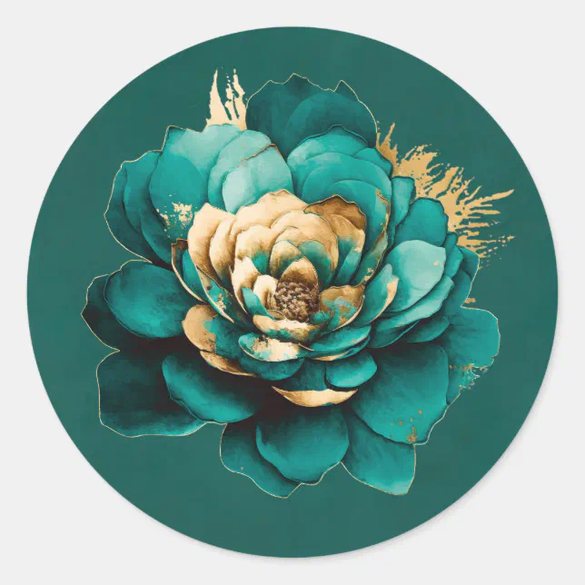 Elegant Teal and Gold Watercolor Floral Wedding Classic Round Sticker ...