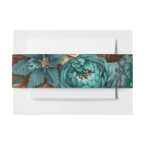 Elegant Teal and Gold Watercolor Floral Wedding Invitation Belly Band