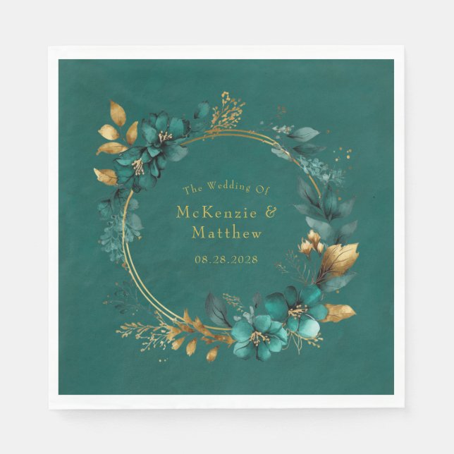 Elegant Teal and Gold Watercolor Floral Wedding Napkins (Front)