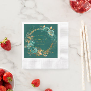 Elegant Teal and Gold Watercolor Floral Wedding Napkins