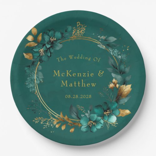 Elegant Teal and Gold Watercolor Floral Wedding Paper Plates