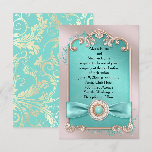 Elegant Teal and Gold Wedding Invitation (Front/Back)