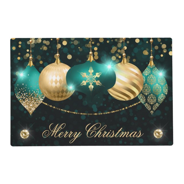 Elegant Teal and Gold Winter Baubles Christmas Placemat (Front)