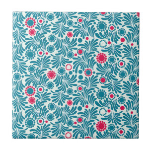 Elegant Teal and Magenta Foliage Pattern Ceramic Tile