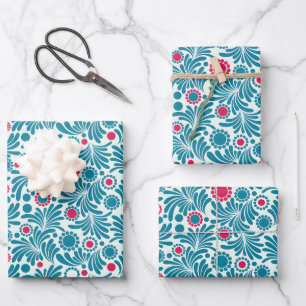 Elegant Teal and Magenta Foliage Pattern Wrapping Paper Sheets