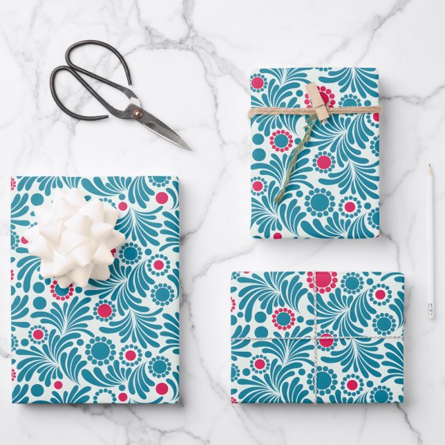 Elegant Teal and Magenta Foliage Pattern Wrapping Paper Sheets (Front)